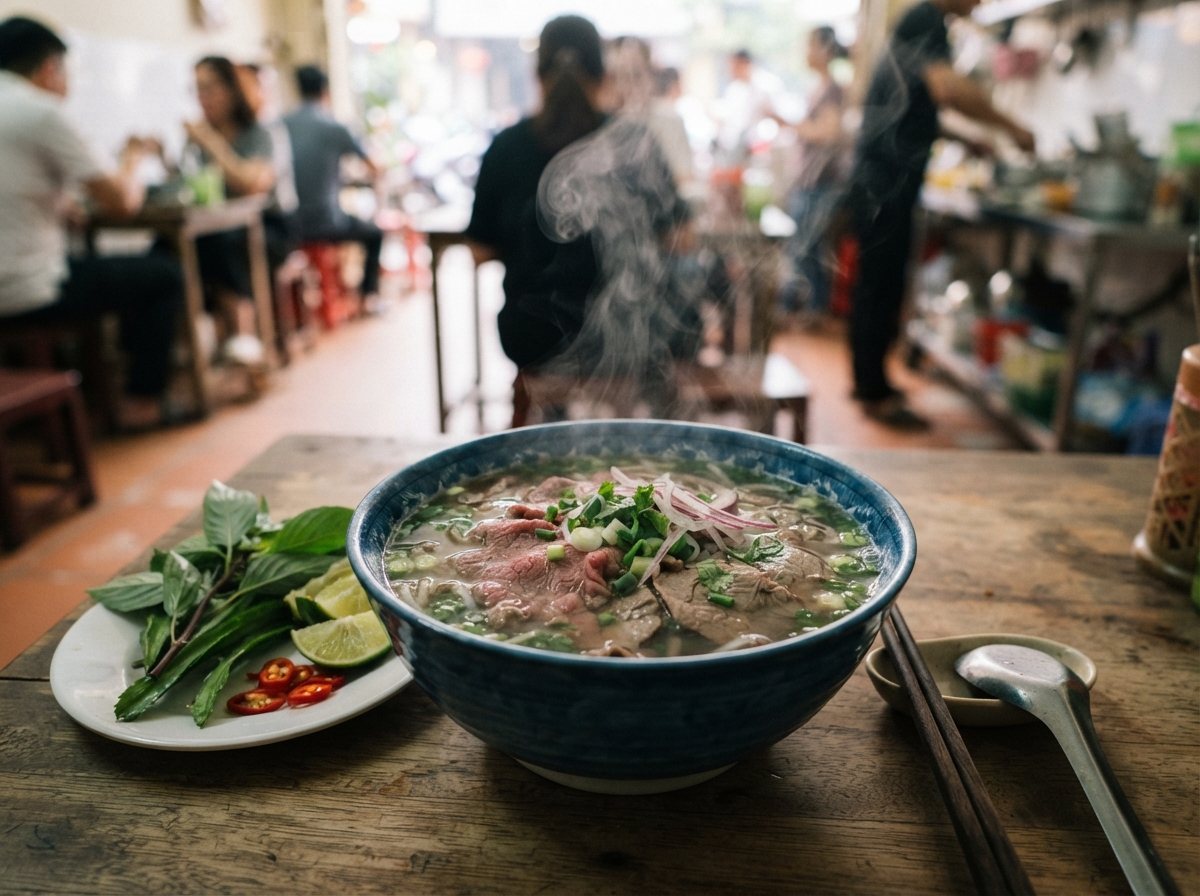 Phở bò with herbs and lime.