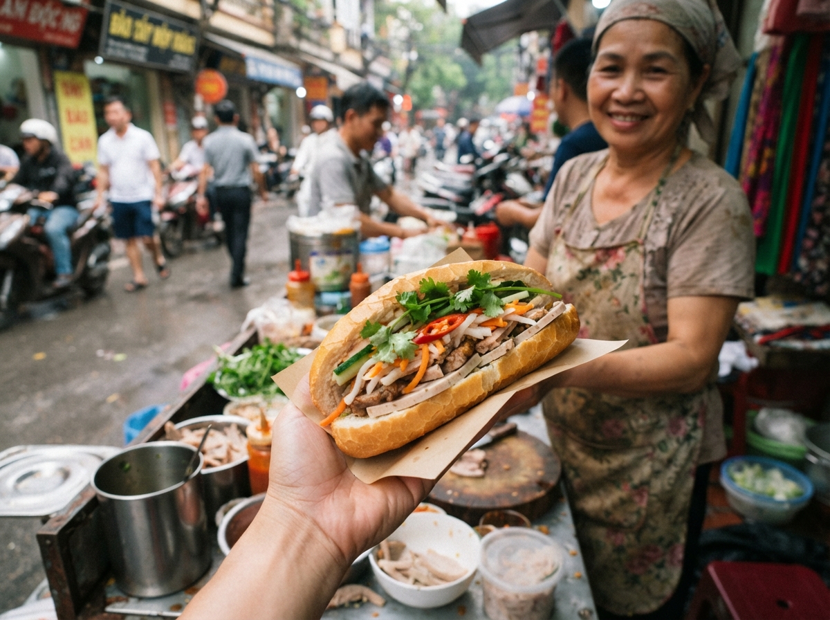 Bánh mì on a counter.