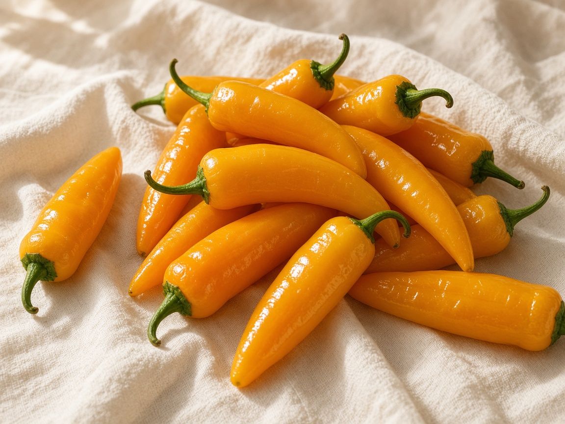 Fresh orange-yellow ají amarillo peppers, long and glossy, on linen.