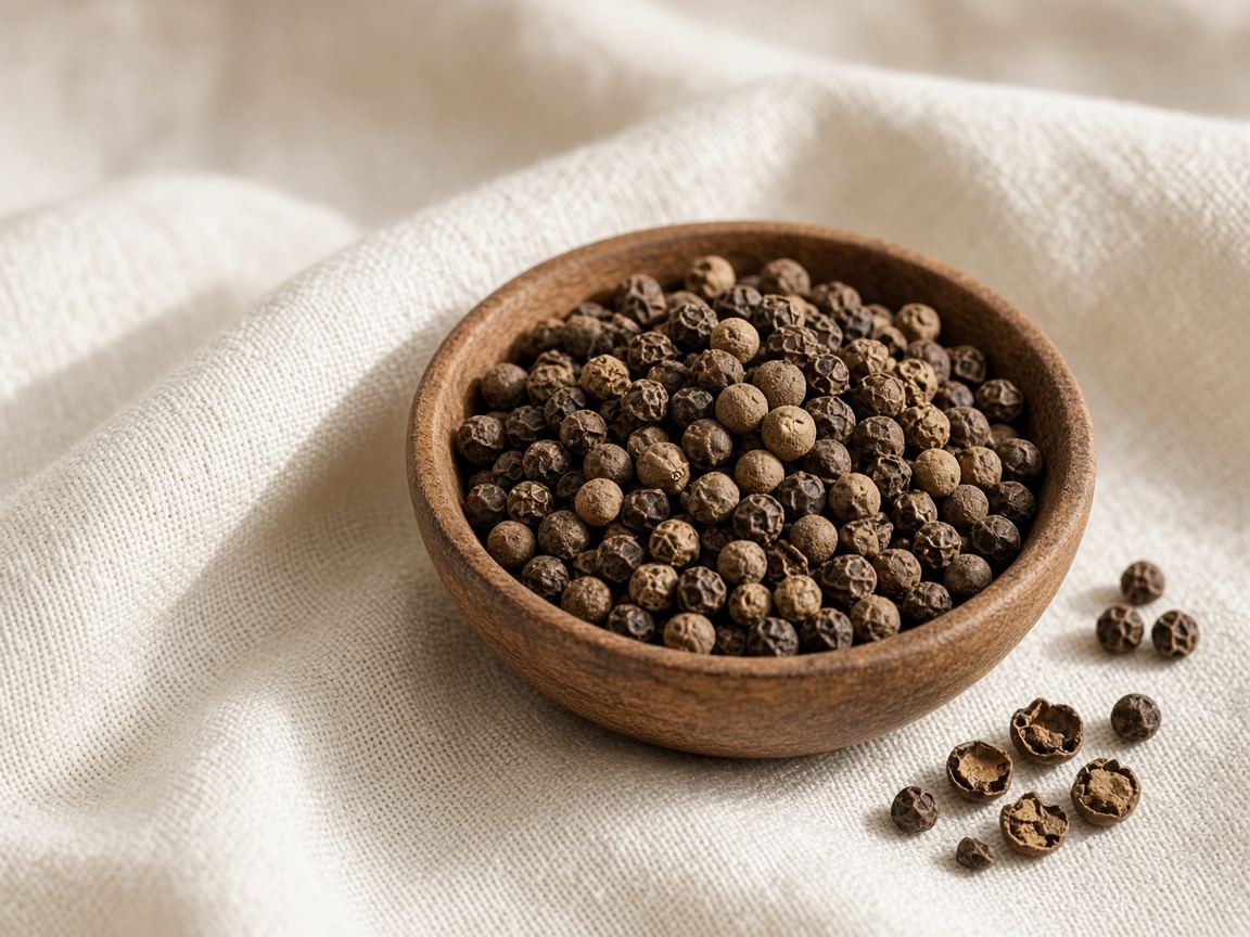 Whole brown allspice berries in a small bowl on linen.