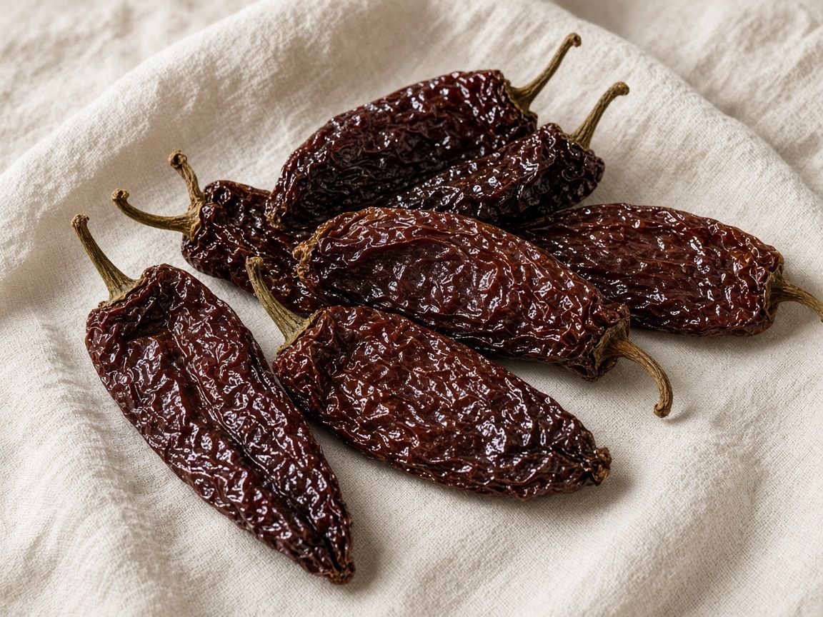 Dried ancho chiles, wide and wrinkled, deep mahogany on linen.