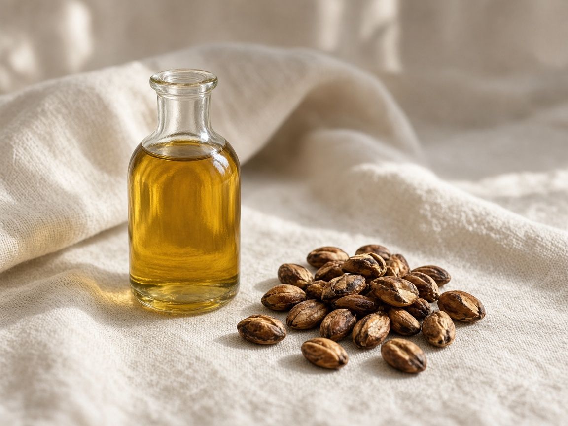 A small bottle of golden argan oil beside toasted argan kernels.