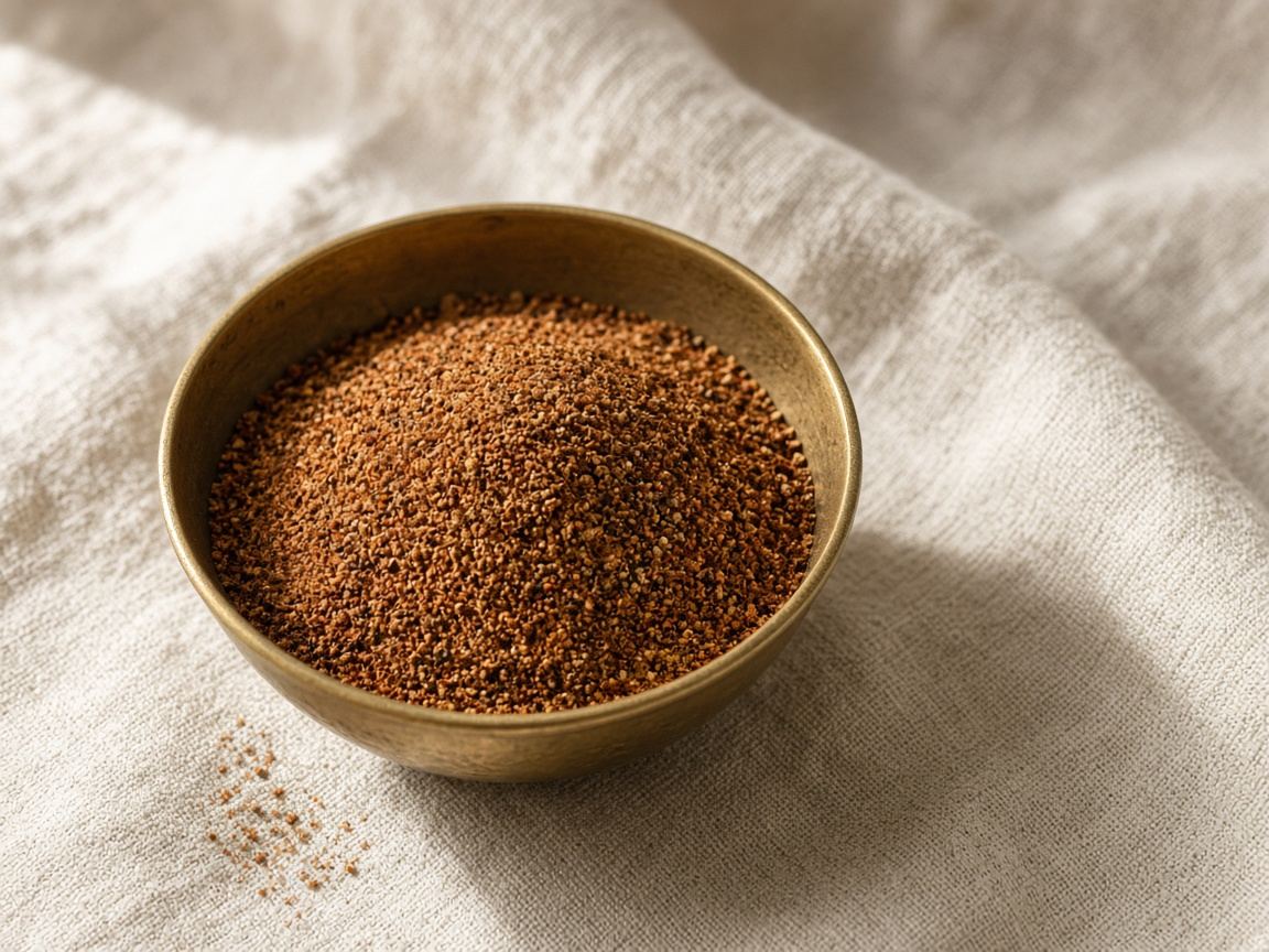 A mound of brown baharat blend in a brass dish.