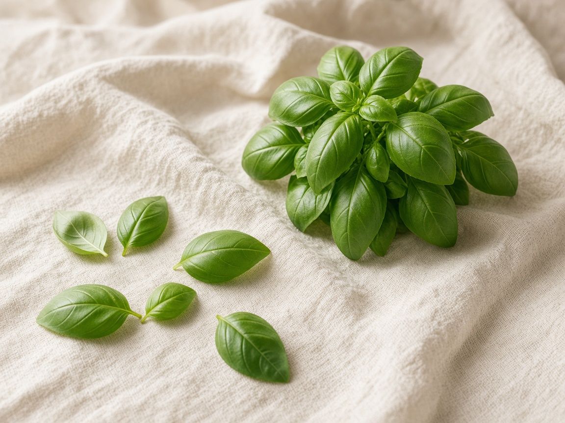 A bunch of fresh Genovese basil with glossy green leaves.