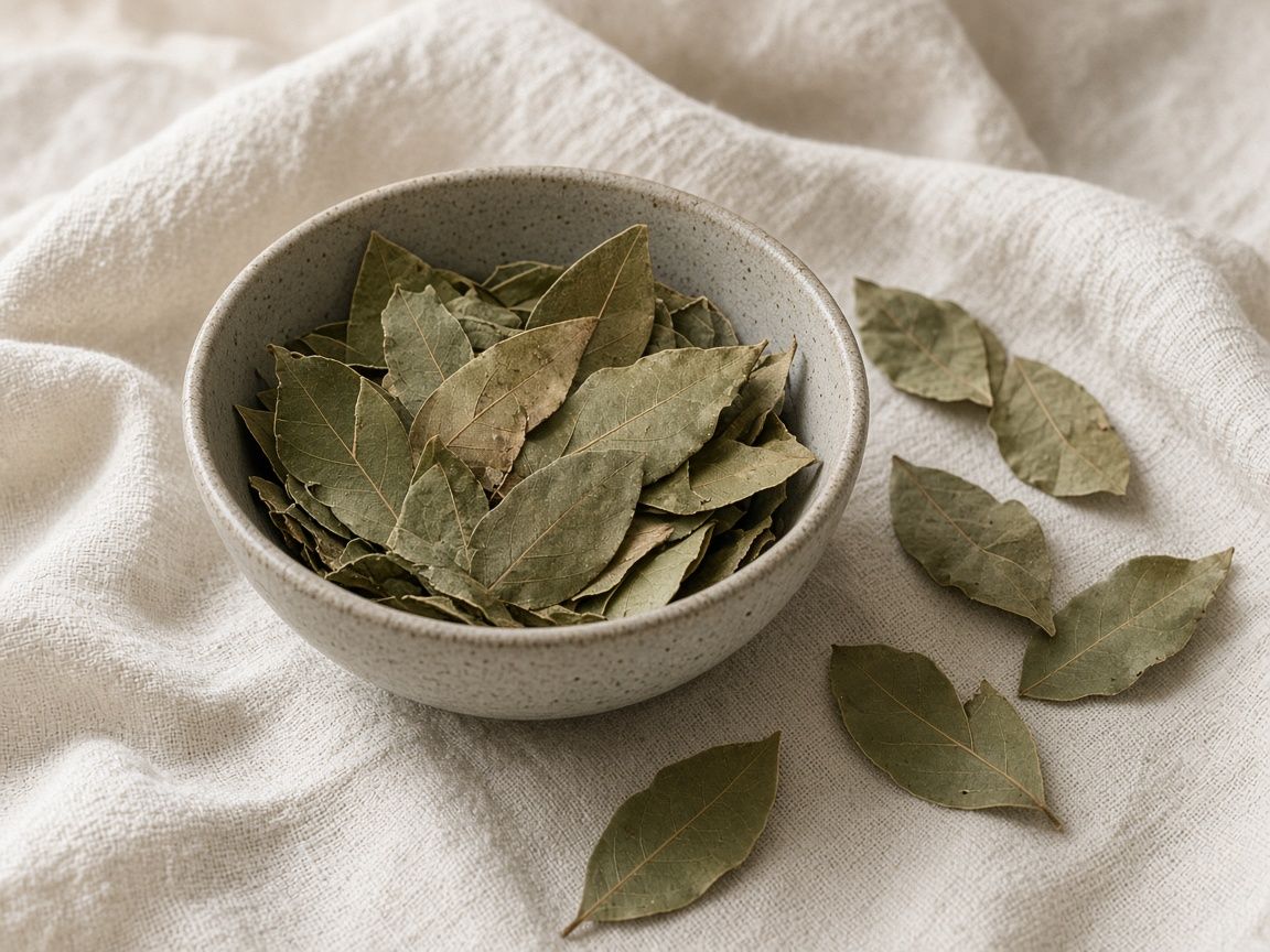 Dried bay leaves scattered on dark wood, olive-green and matte.
