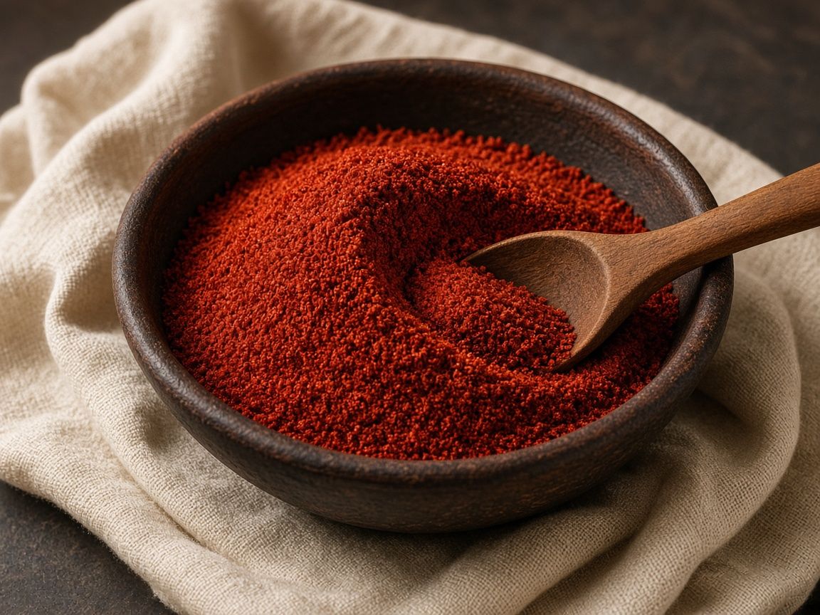 Deep red berbere piled in a clay bowl, a wooden spoon cutting a ridge through the powder.