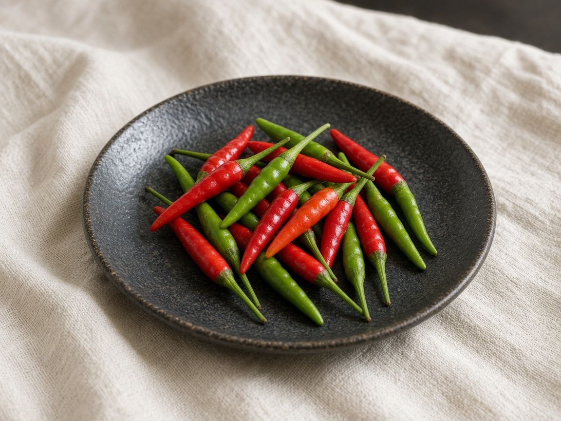 Small fresh red and green bird's eye chiles on a dark plate.