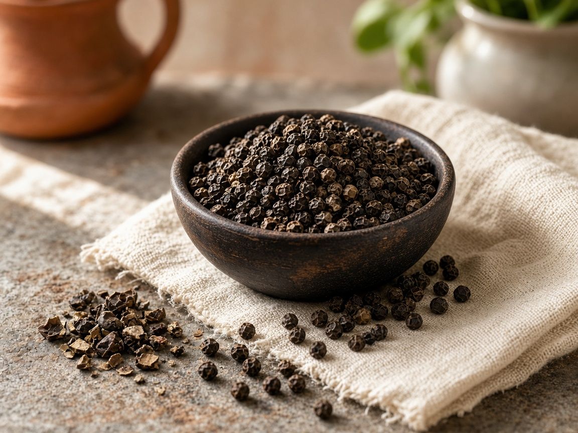 A wooden bowl of whole black peppercorns with a few cracked open on linen.