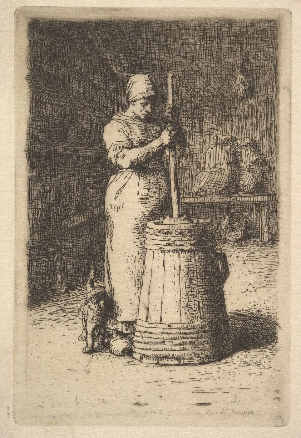 Jean-François Millet's public-domain print of a woman churning butter, 1855–56.