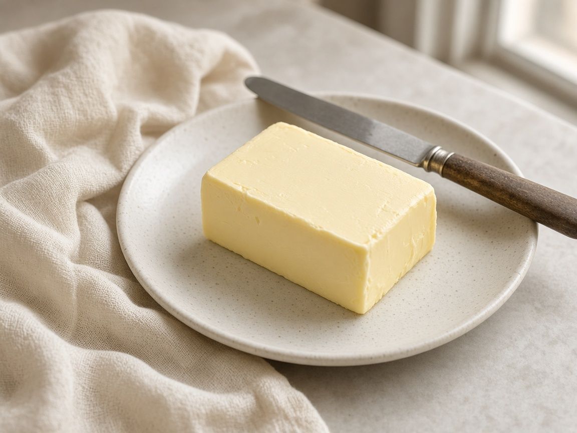 A cut block of pale butter on a ceramic plate, one curl on the knife.