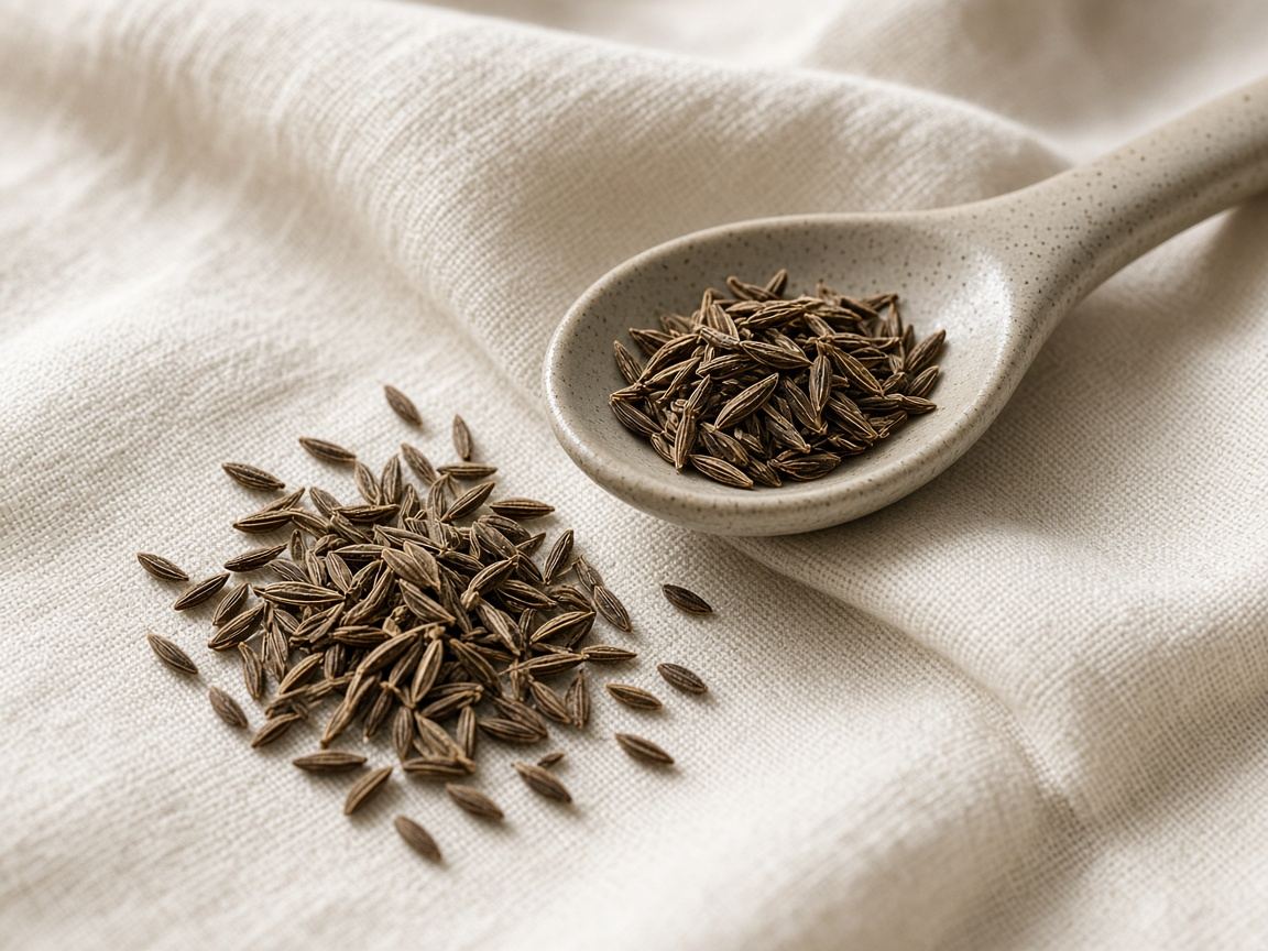 Crescent caraway seeds in a small ceramic dish on a wooden table.