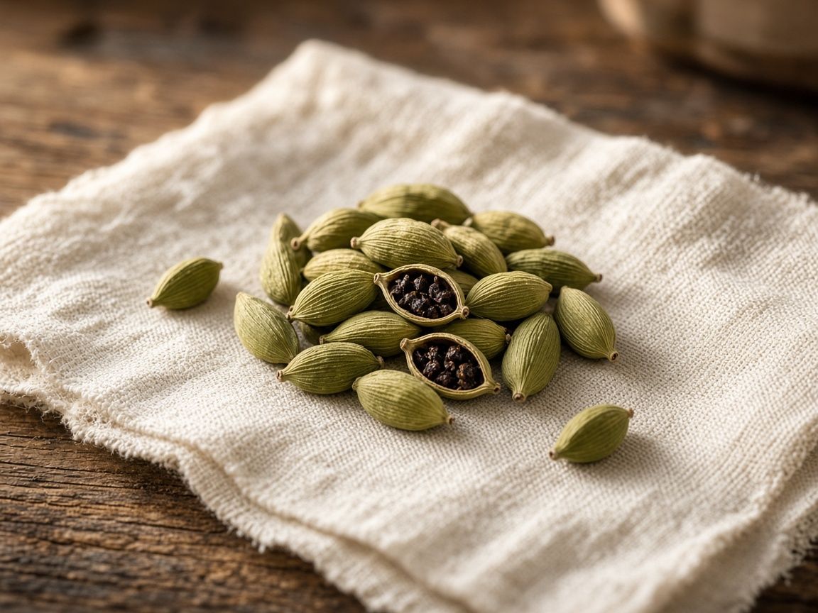 Green cardamom pods, a few split to show the black seeds inside.