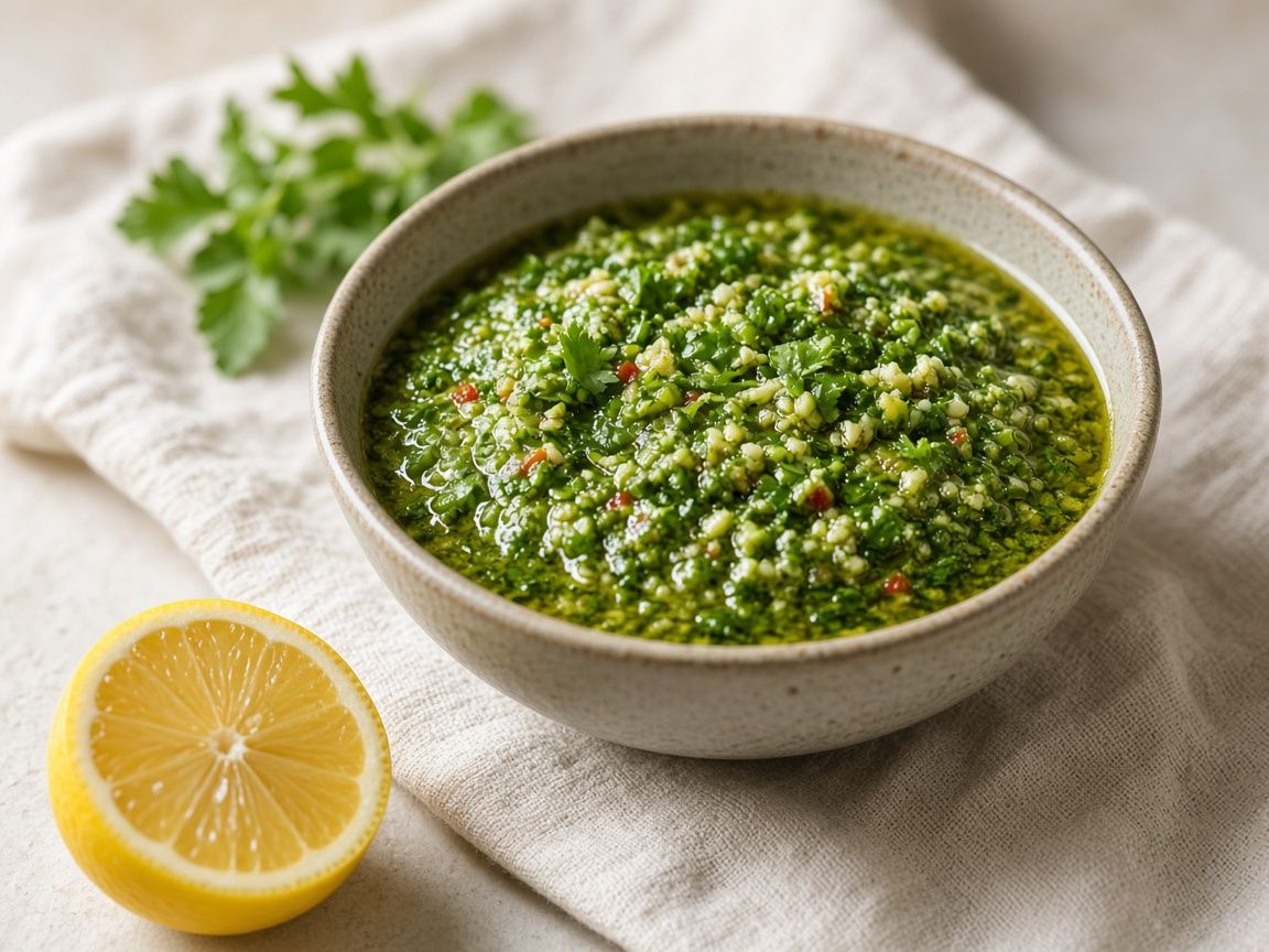 A bowl of green chermoula with visible herbs, oil pooling at the edges, lemon nearby.