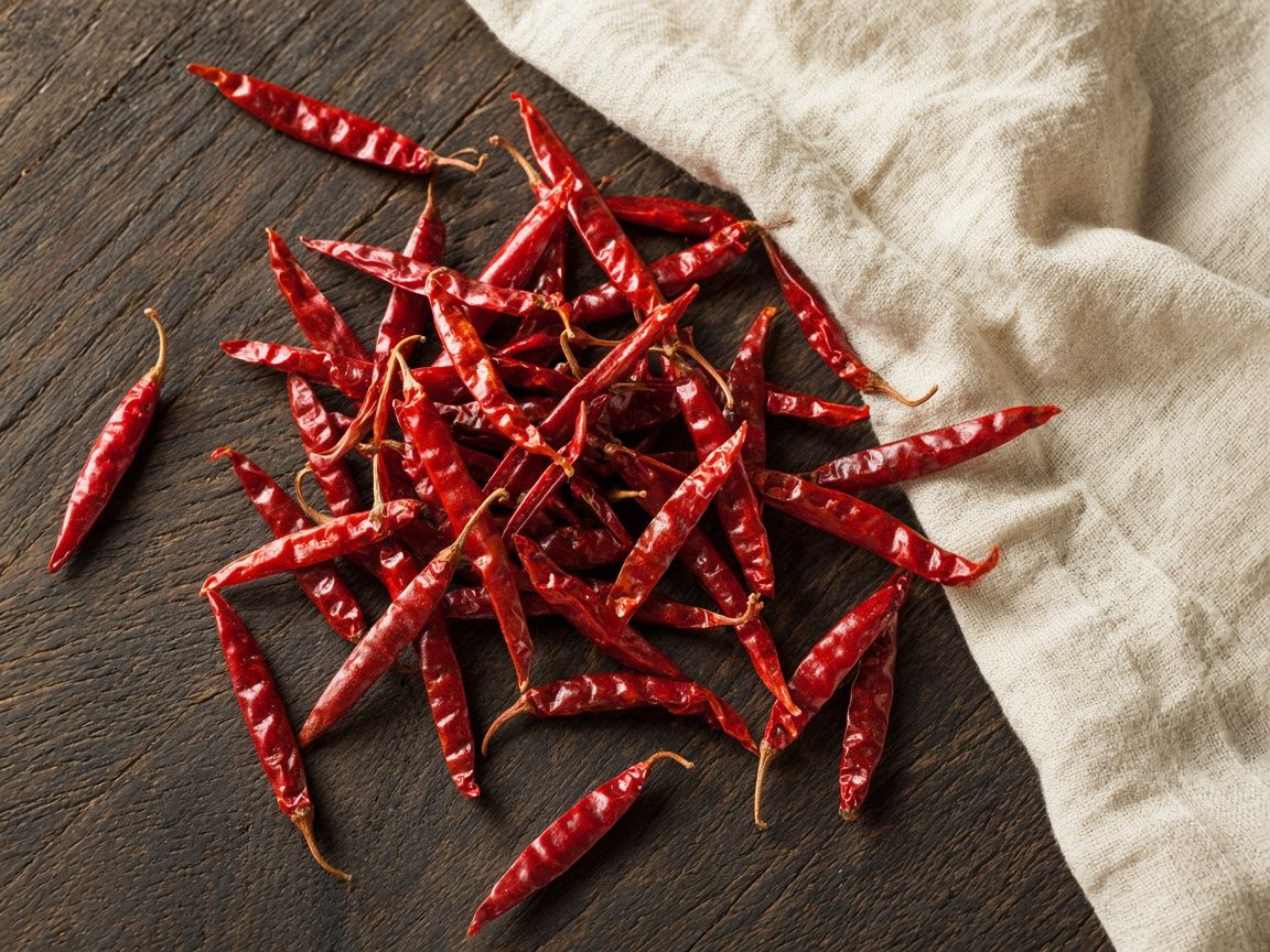 Dried chiles de árbol, thin and bright red, scattered on dark wood.