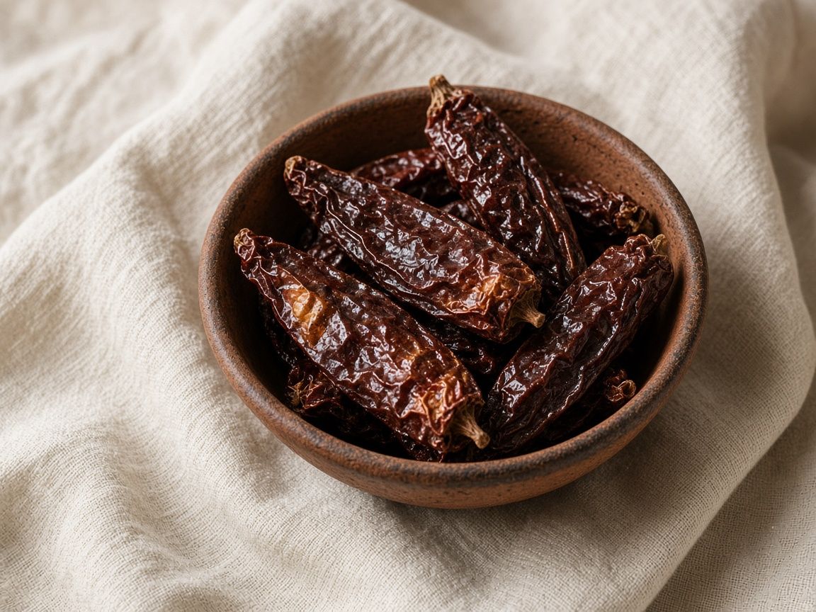 Dried chipotle chiles, wrinkled and mahogany, in a small clay bowl.