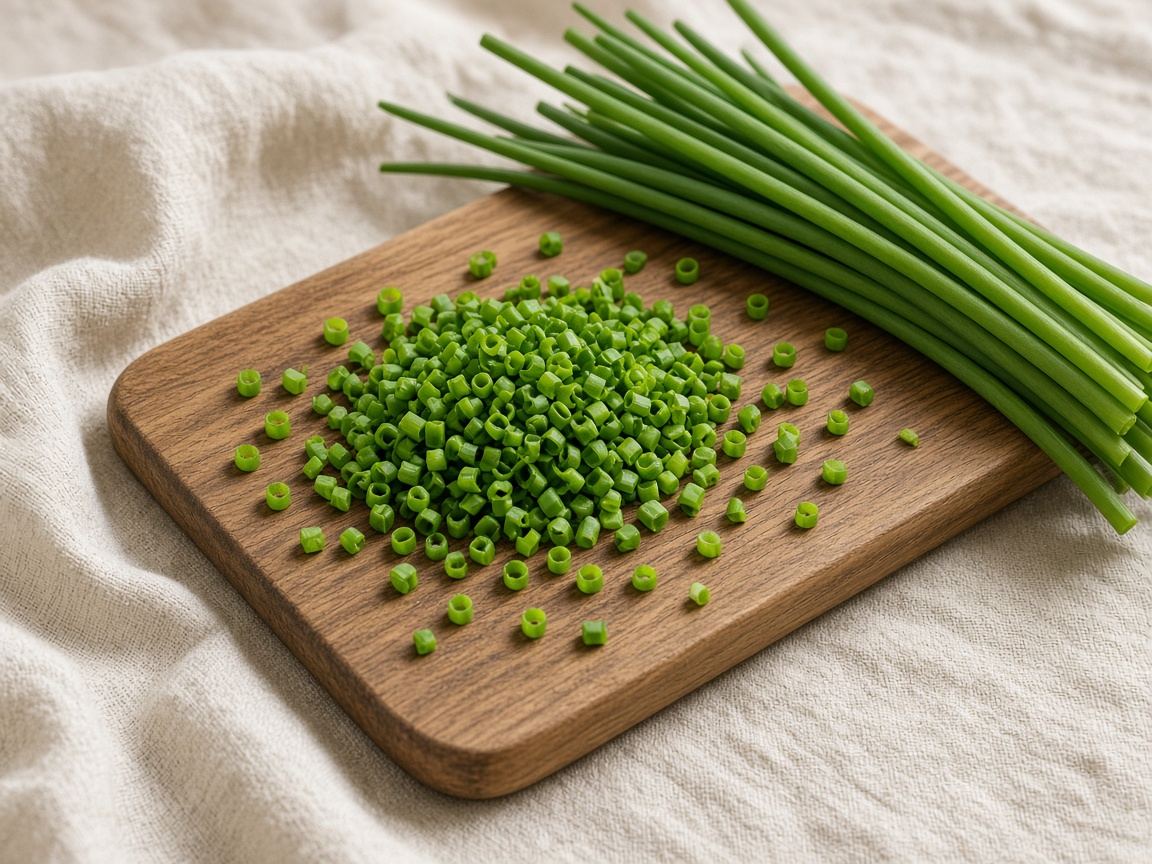 A bunch of fresh chives, hollow and green, on a wooden board.
