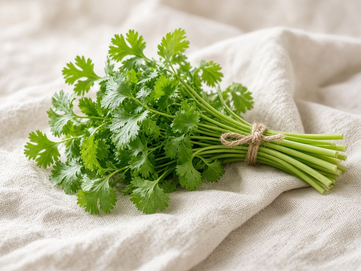 A loose bunch of fresh cilantro with stems and bright green leaves on cream linen.