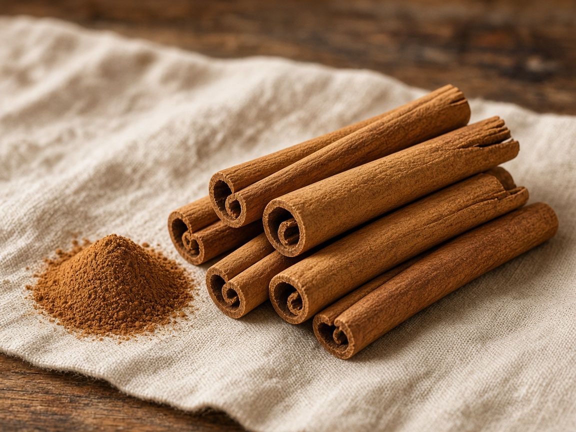 Cinnamon quills stacked beside a small mound of ground cinnamon.