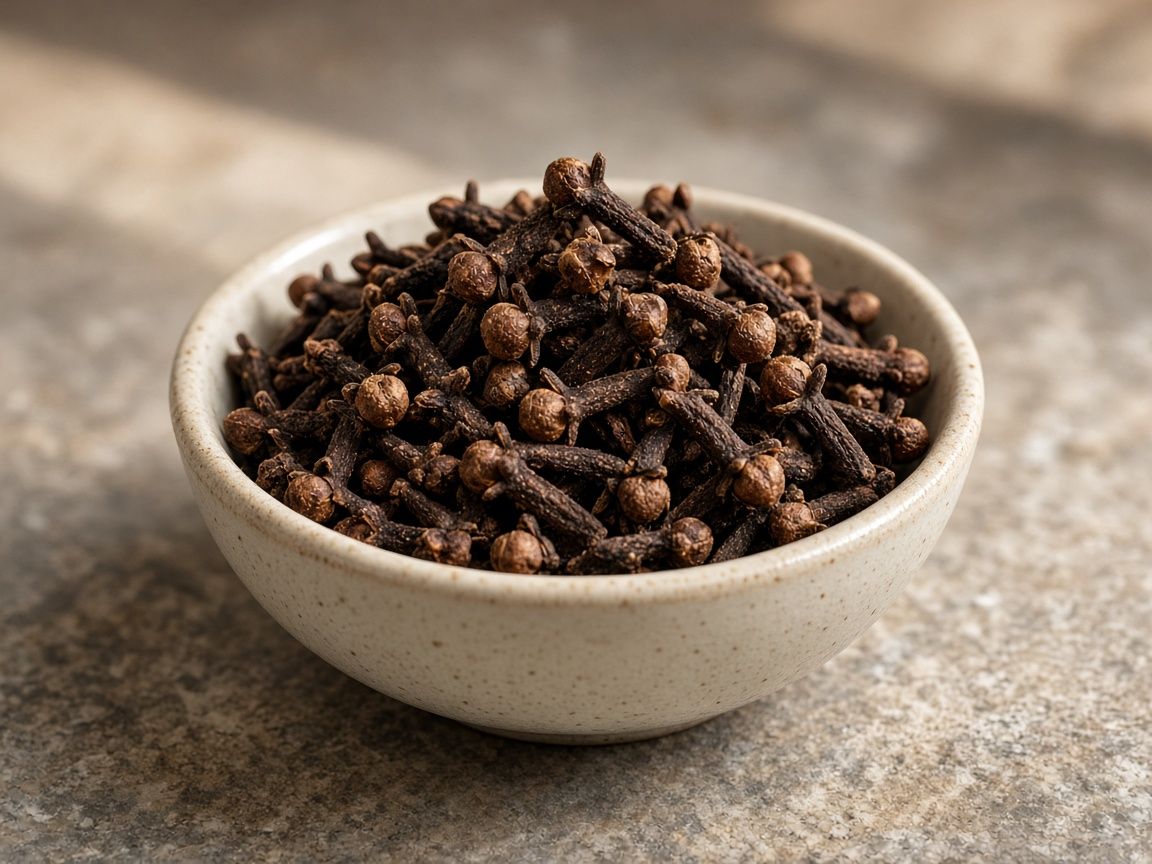 Whole cloves heaped in a ceramic bowl, nail-shaped buds facing every way.