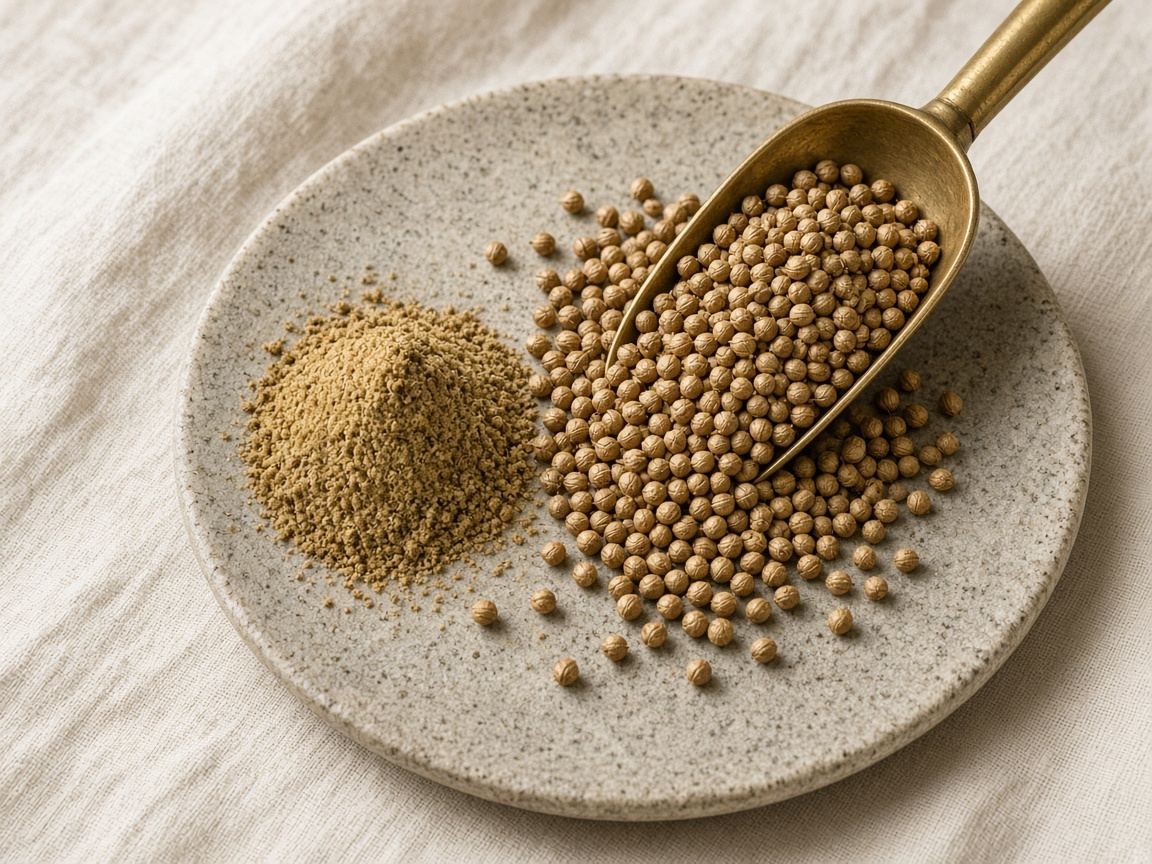 Whole tan coriander seeds spilled from a small bowl onto linen.