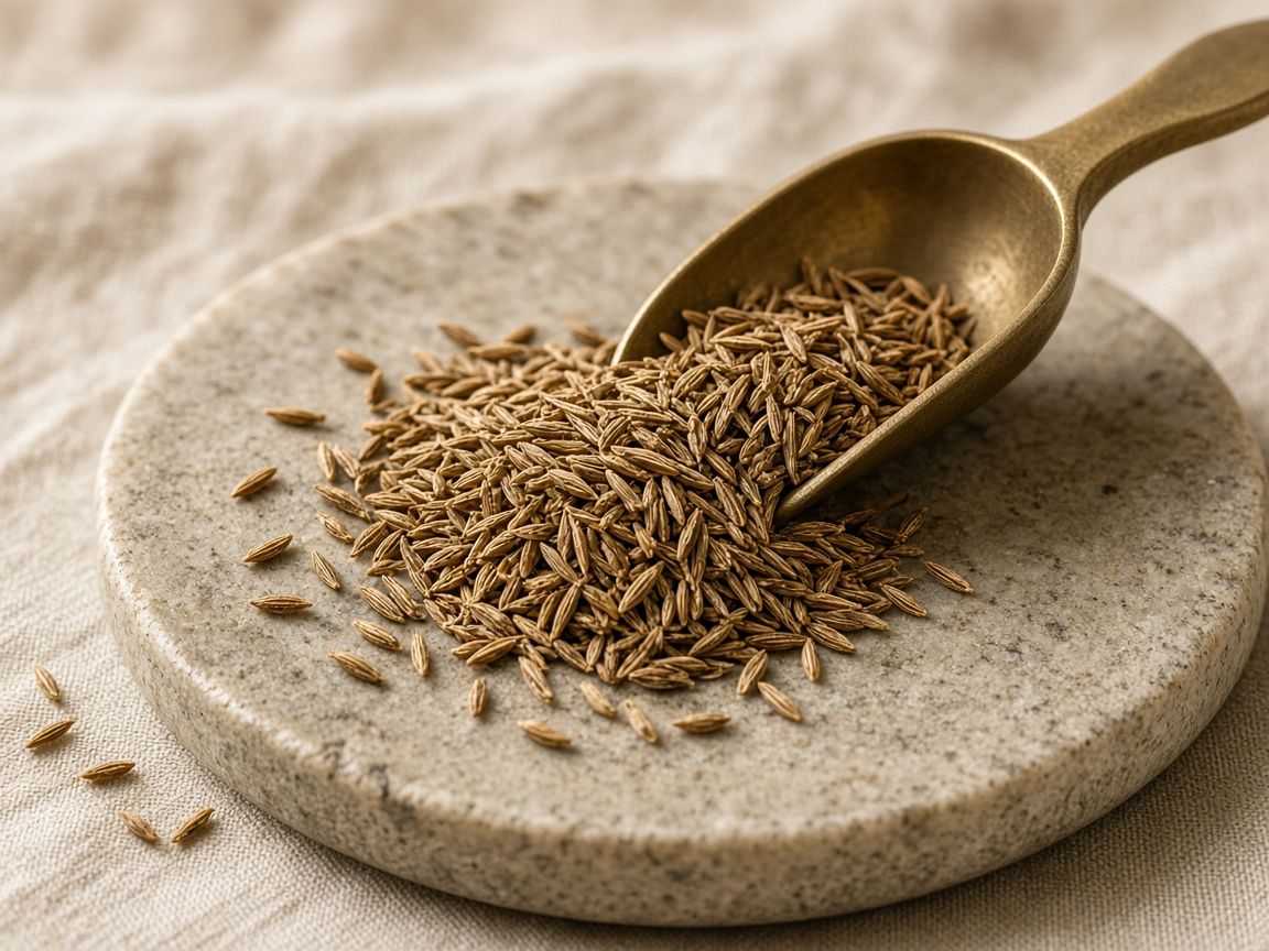 Whole cumin seeds spilling from a brass scoop onto a stone plate.