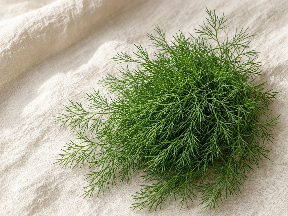 Feathery fresh dill fronds on a pale linen cloth.