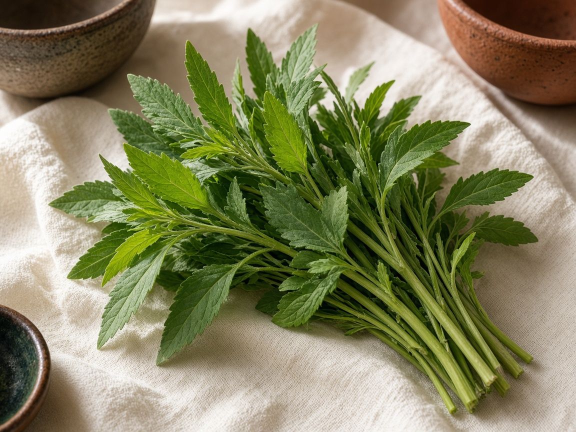 Fresh epazote sprigs with serrated leaves on a clay plate.