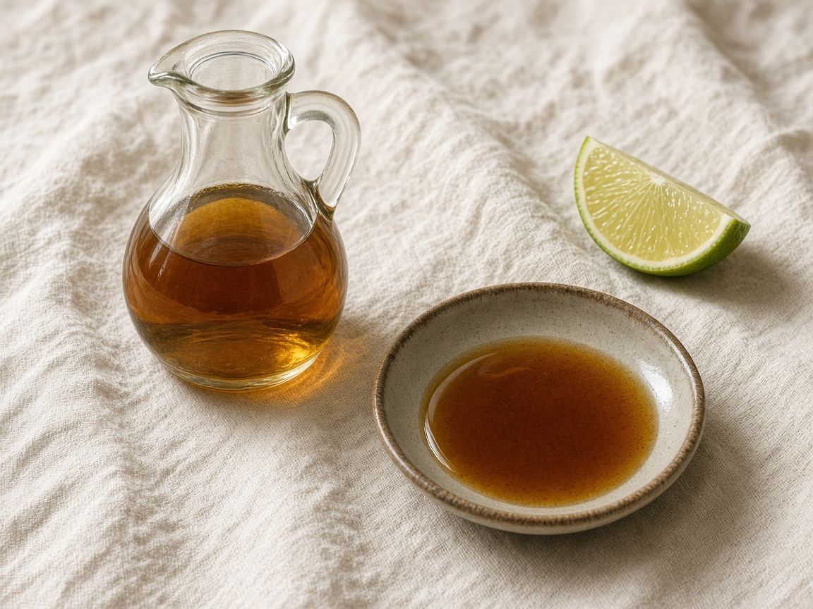 A bottle of amber fish sauce and a small saucer on a stone counter.