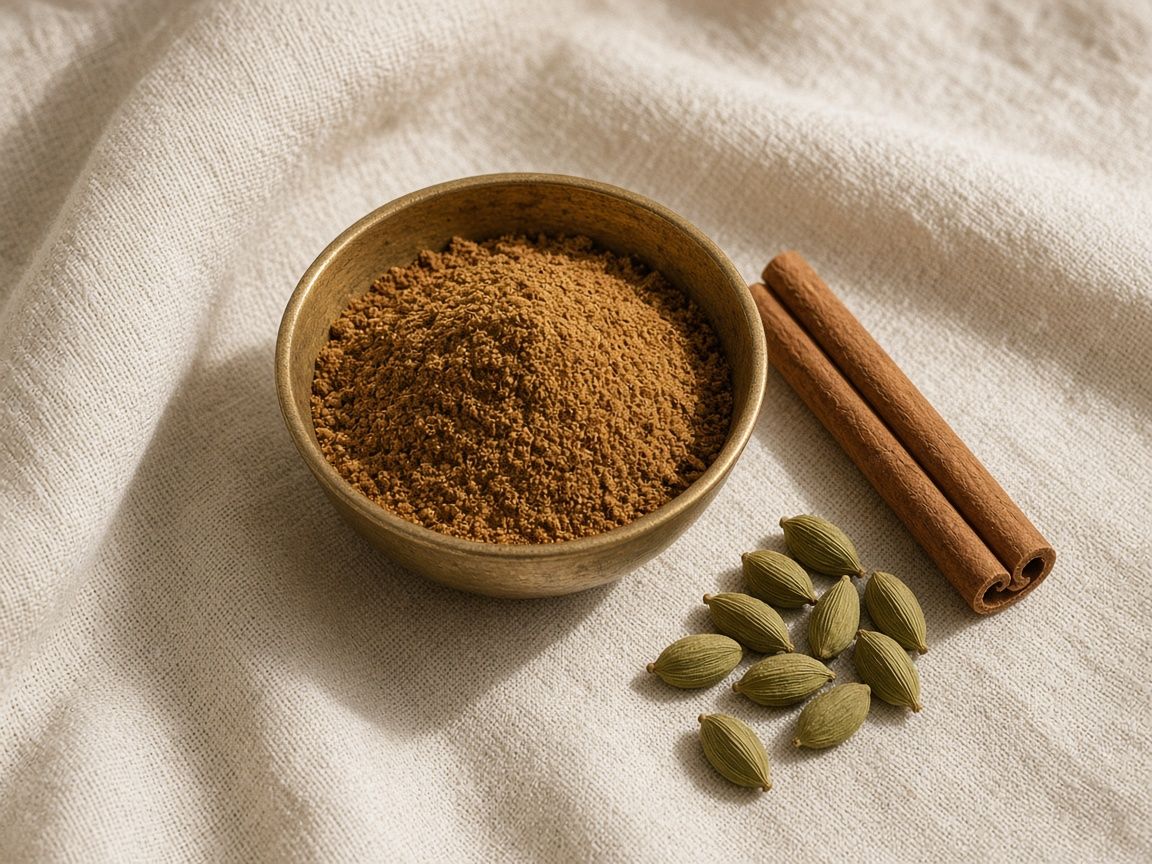 Warm brown garam masala in a brass bowl, whole cardamom and cinnamon nearby.