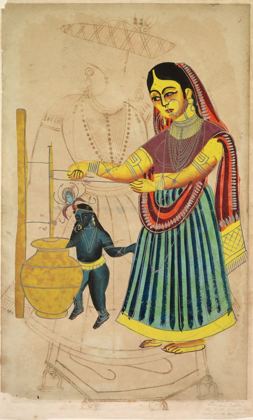 Public-domain 19th-century Kalighat painting of Yasoda churning butter, the first step toward ghee.