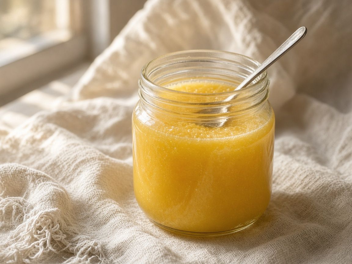 A jar of golden ghee with a spoon, the surface slightly grainy.
