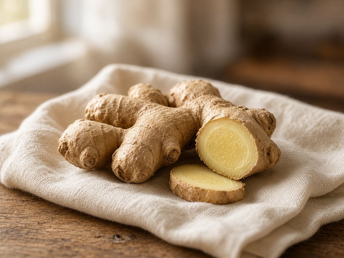 Knobby fresh ginger, one piece sliced to show the pale yellow interior.