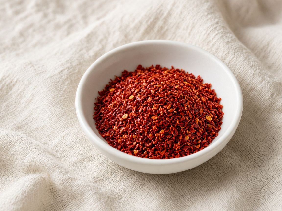 A mound of coarse crimson gochugaru chile flakes in a white bowl.