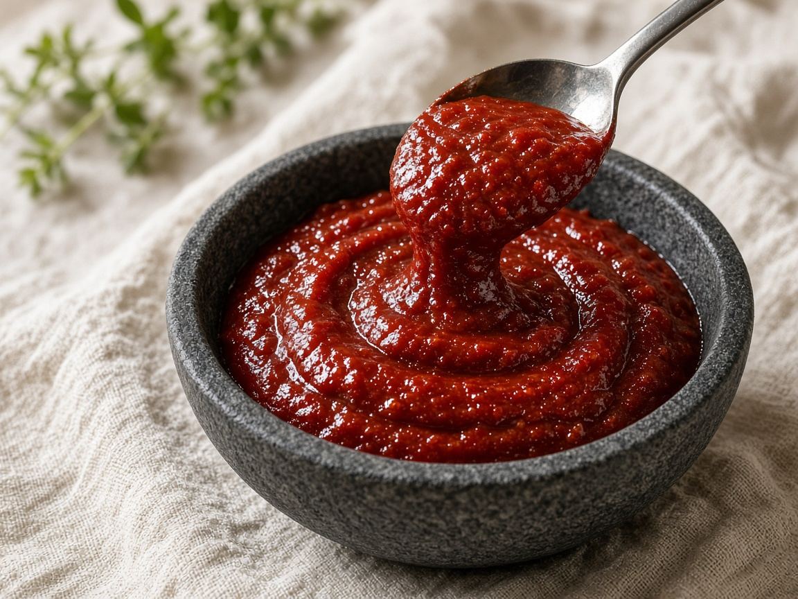 A spoon standing in a tub of deep-red gochujang paste.