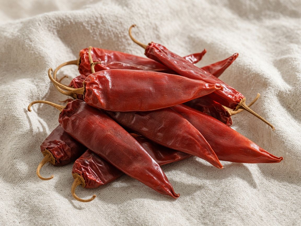 Dried guajillo chiles, long and brick-red, piled on cream linen.