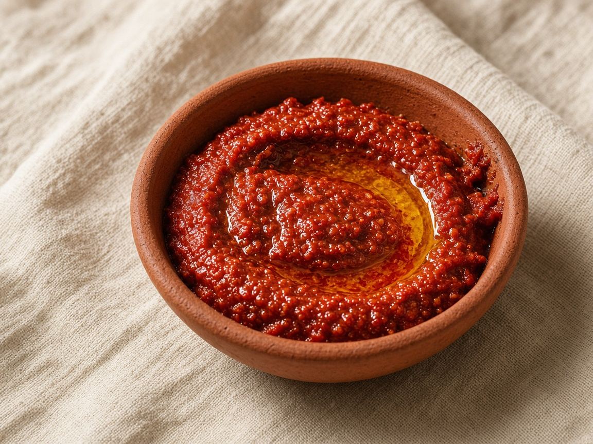 A small bowl of brick-red harissa paste with olive oil on top.