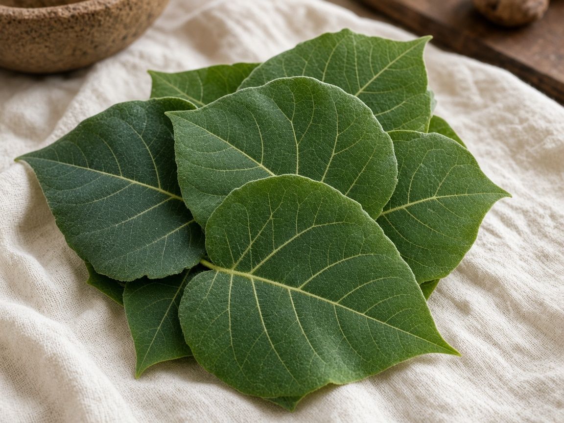 A large heart-shaped hoja santa leaf, deep green and veined, on a wooden table.
