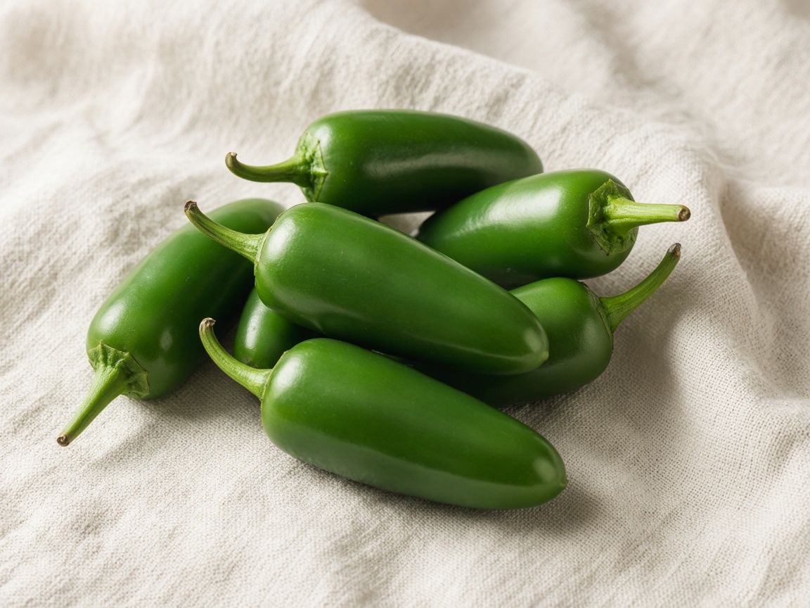 Fresh green jalapeños, plump and smooth, on cream linen.