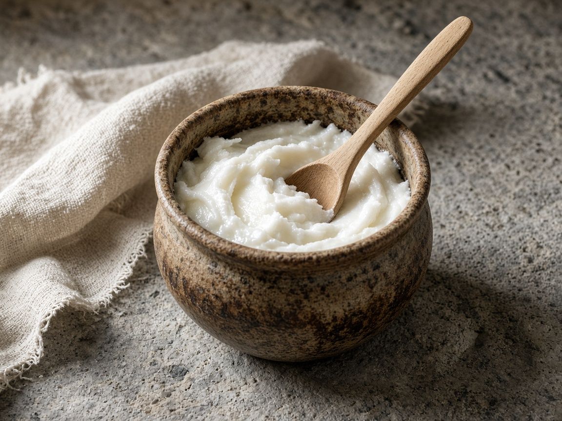 A crock of white rendered lard with a wooden spoon on a stone table.