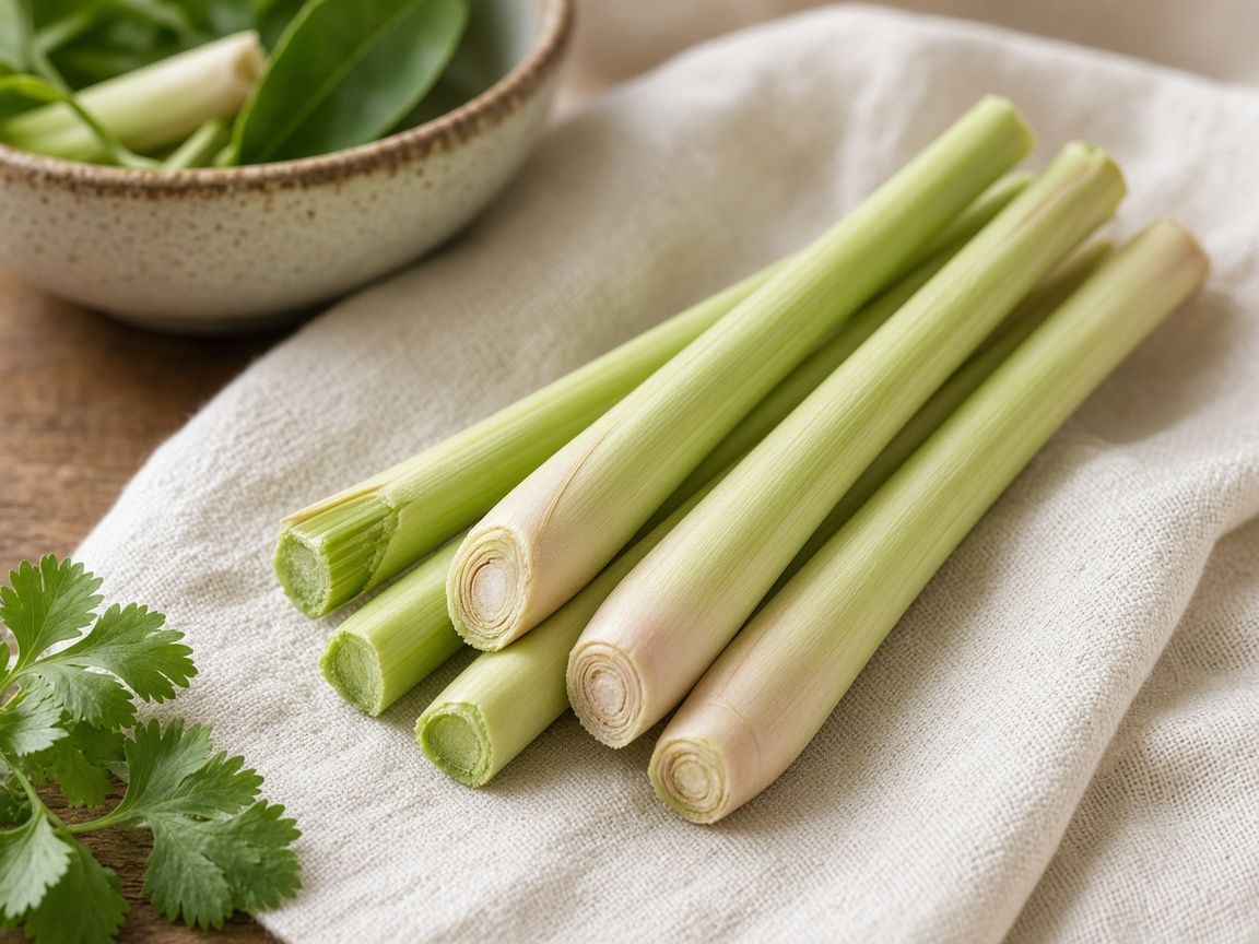 Fresh lemongrass stalks, pale green and bruised at the base, on linen.