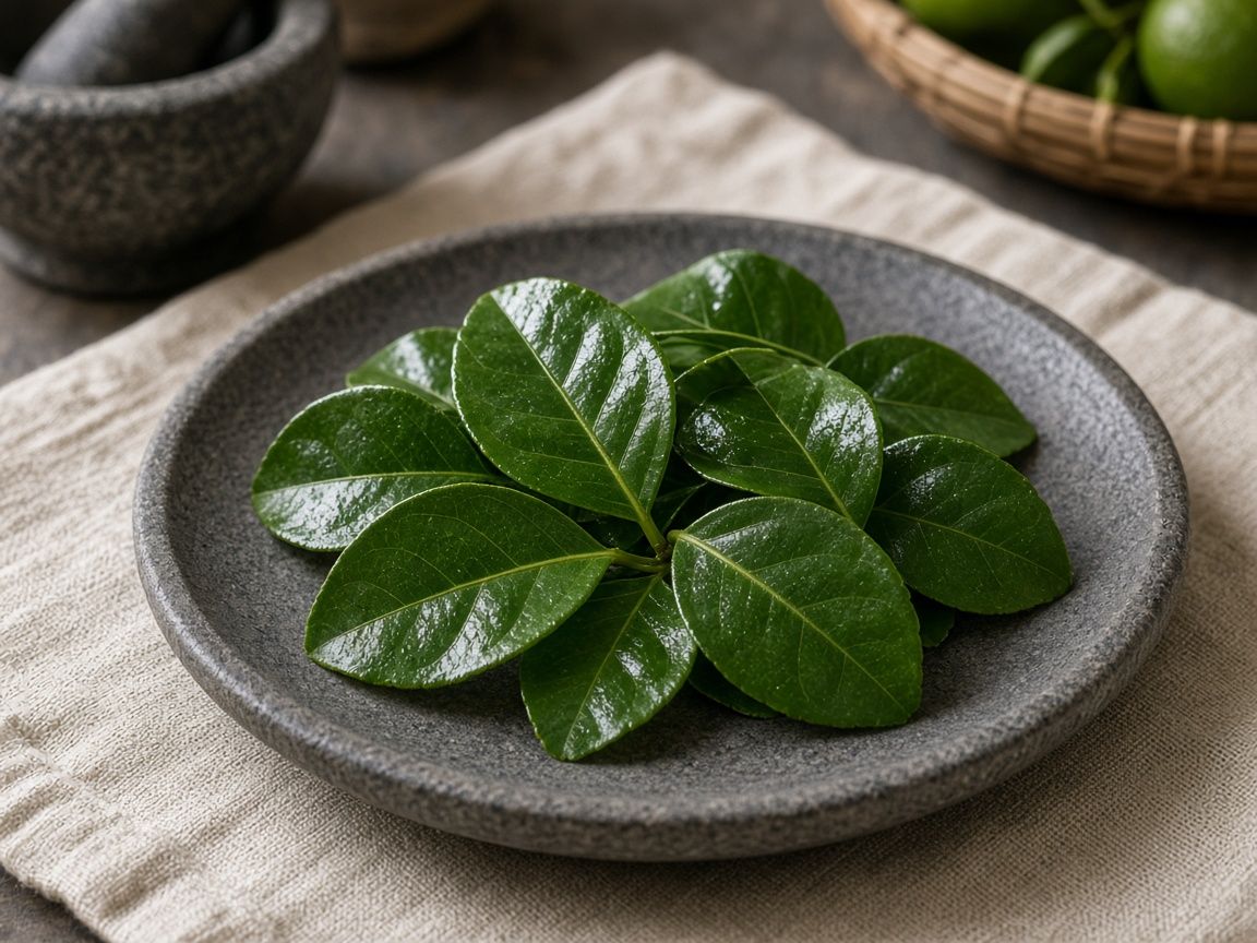 Fresh makrut lime leaves, the distinctive double-leaf shape, on a dark plate.