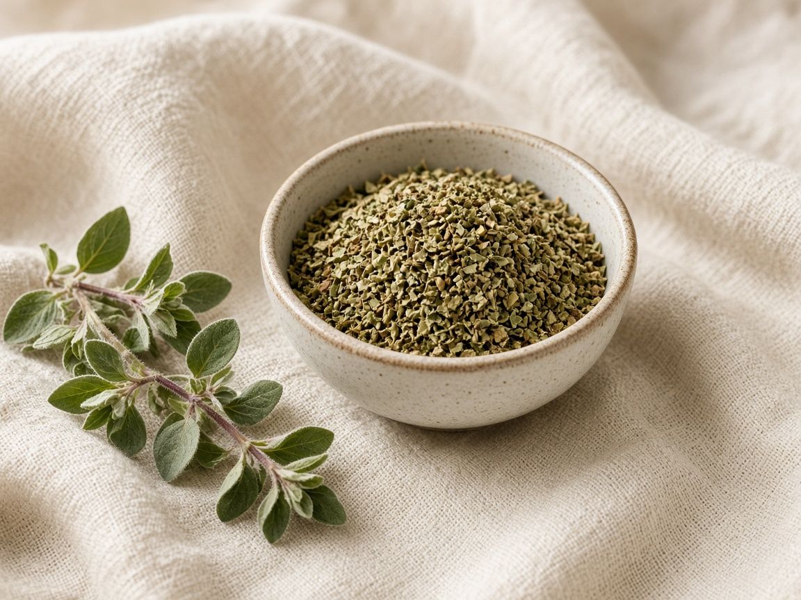 Dried Mexican oregano leaves, pale green and crumbly, in a small clay bowl.