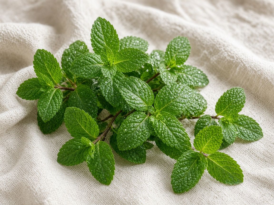 Fresh spearmint sprigs with bright leaves on cream linen.