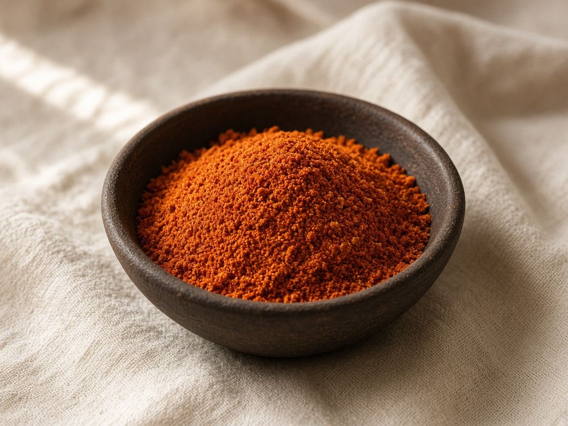 A mound of orange-red mitmita in a small clay bowl.
