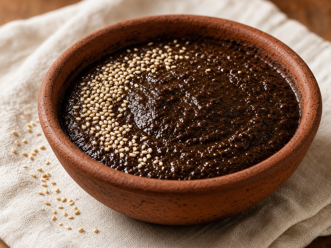 A dark mole negro paste in a clay cazuela, sesame seeds scattered at the rim.