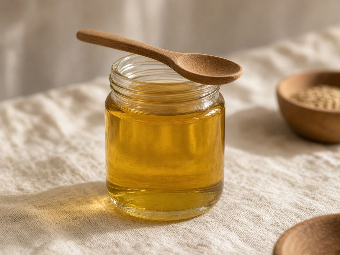 A jar of golden niter kibbeh, clear and deep yellow, with a wooden spoon resting on the rim.