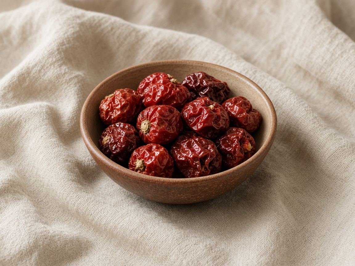 Small round dried ñora peppers, rust-red, in a clay bowl.