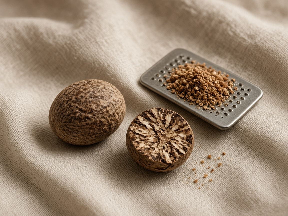 Whole nutmeg seeds and a small grater on cream linen.