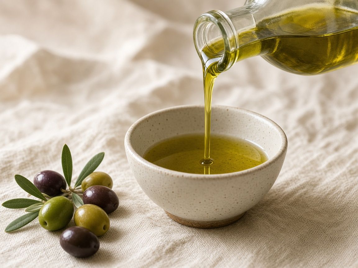 A glass cruet of green-gold olive oil beside a few olives on linen.