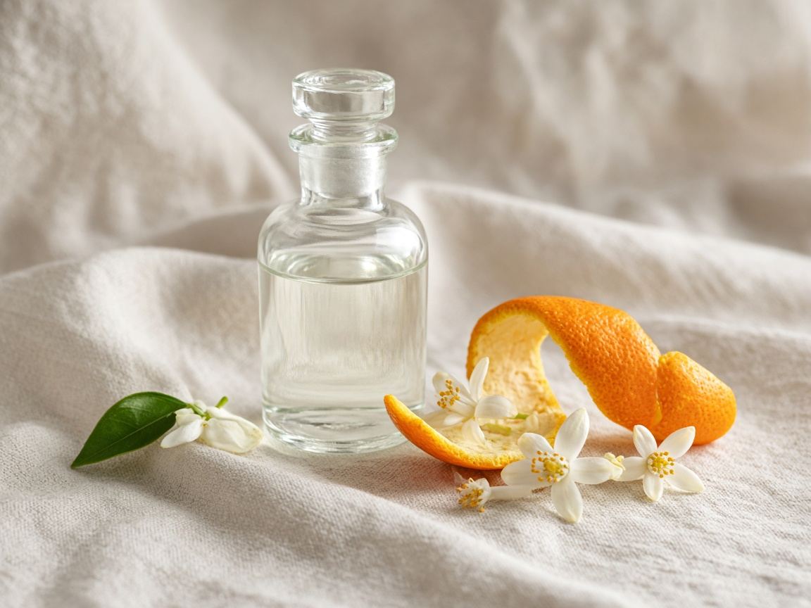 A small glass bottle of orange blossom water beside white blossoms on linen.